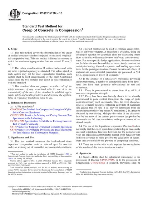 Standard Test Method for Creep of Concrete in Compression